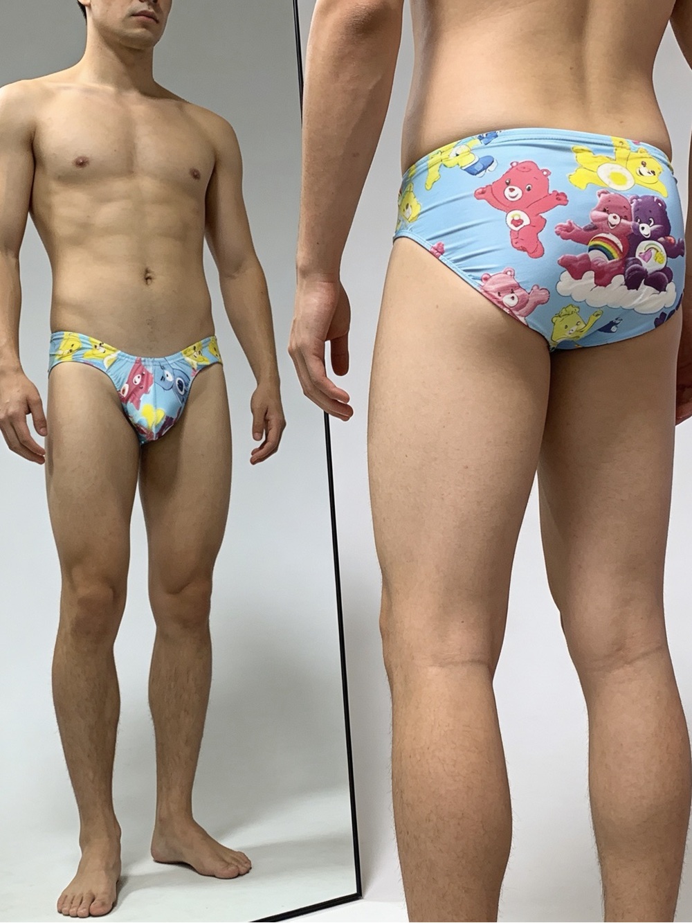 Men's Light Blue Love Bears Swim Briefs - Playful Cartoon Print